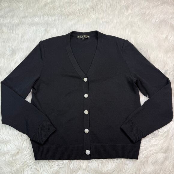 St. John Basics Santana Knit Black Cardigan Size S Jeweled Buttons Shoulder Pads - Picture 9 of 16